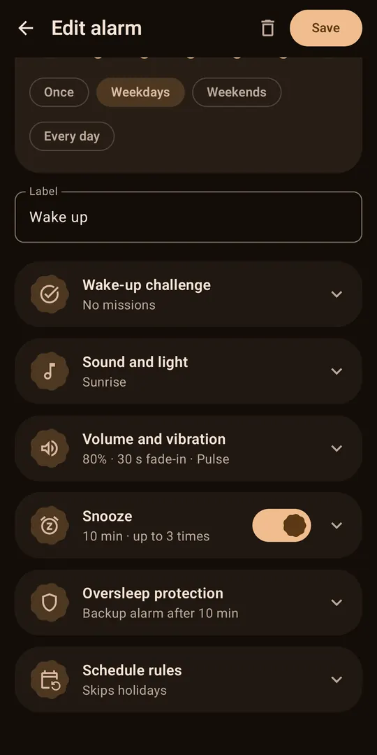 Alarm editor with options grouped into collapsible categories, each with a live summary, and a snooze switch